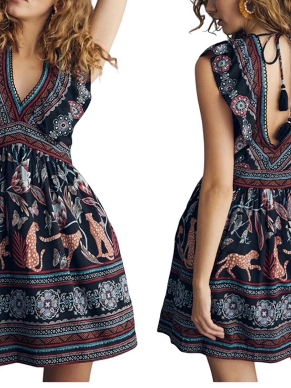 ANTHOPOLOGIE  boho Black Printed V-Neck Swing Dress